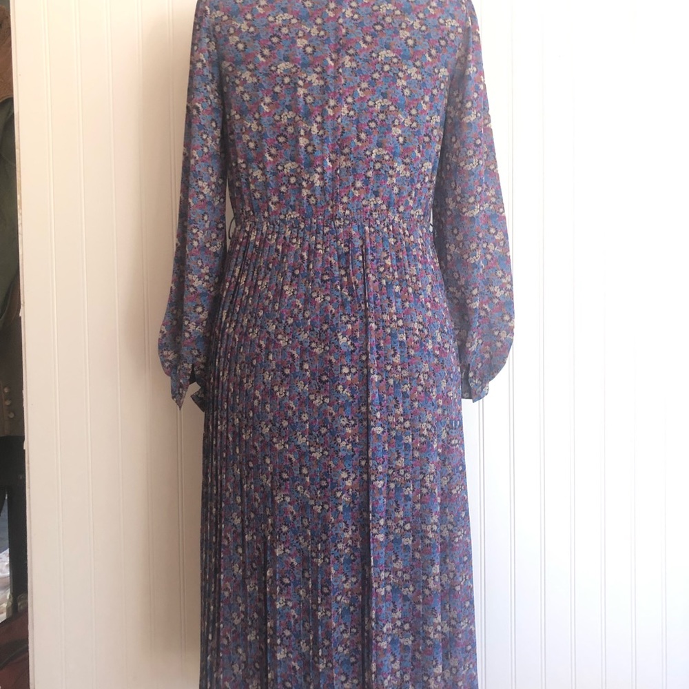 Vintage Ruffles Pleats Floral Dress Long Sleeve Colorful Fuchsia Lavender Silky - Picture 9 of 16